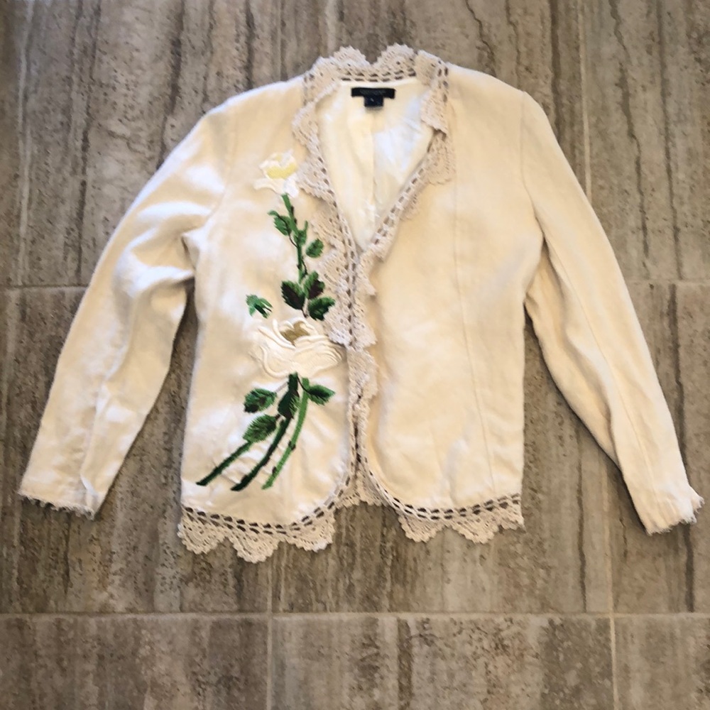 Karen Kane Linen Jacket with Embroidery and Crochet Size 4